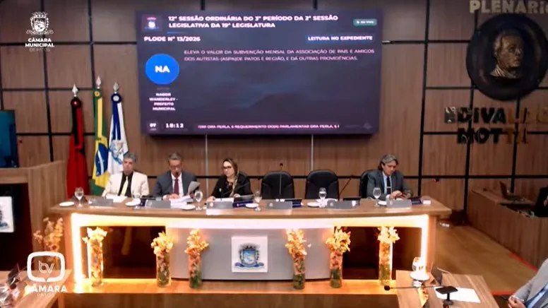 Câmara de Patos, sessão ordinária desta terça-feira (7) - Foto: Reproduçãoão