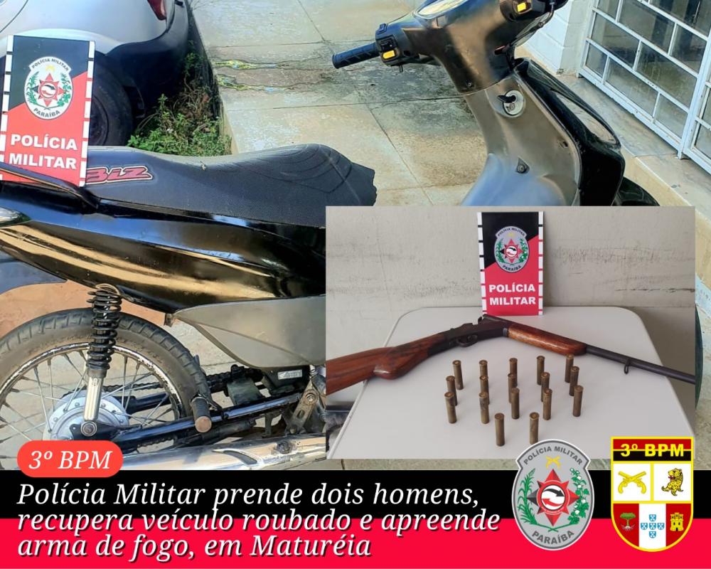 Polícia Militar prende dois homens, recupera moto roubado e apreende arma de fogo, em Maturéia