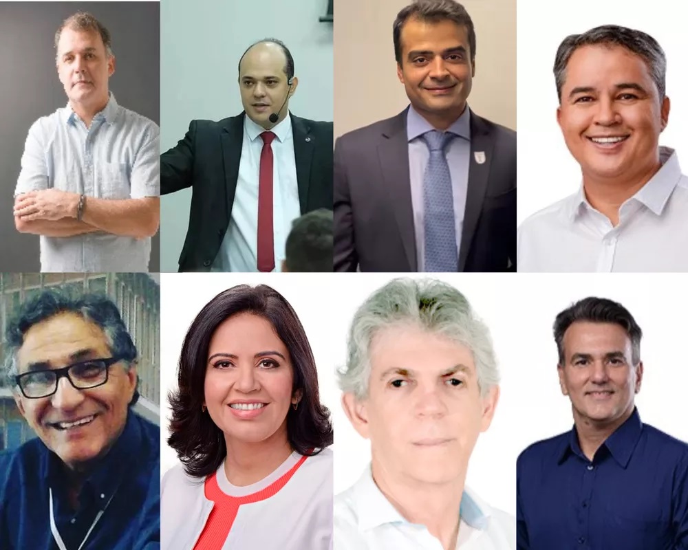 Alexandre Soares (PSOL), André Ribeiro (PDT) Bruno Roberto (PL), Efraim Filho (União Brasil), José Pessoa (PCO), Pollyanna Dutra (PSB), Ricardo Coutinho (PT), e Sérgio Queiroz (PRTB), candidatos ao Senado na Paraíba em 2022 — Foto: Arte/g1