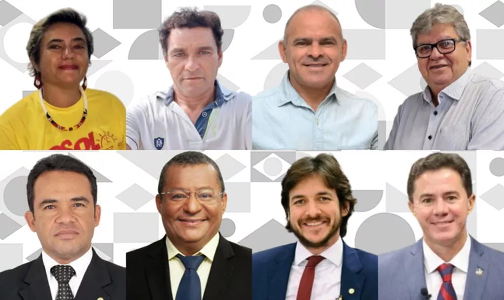 Adjany Simplício (PSOL), Adriano Trajano (PCO), Antônio Nascimento (PSTU), João Azevêdo (PSB), Major Fábio (PRTB), Nilvan Ferreira (PL), Pedro Cunha Lima (PSDB), e Veneziano Vital do Rêgo (MDB), candidatos ao Governo da Paraíba em 2022 — Foto: Arte/g1